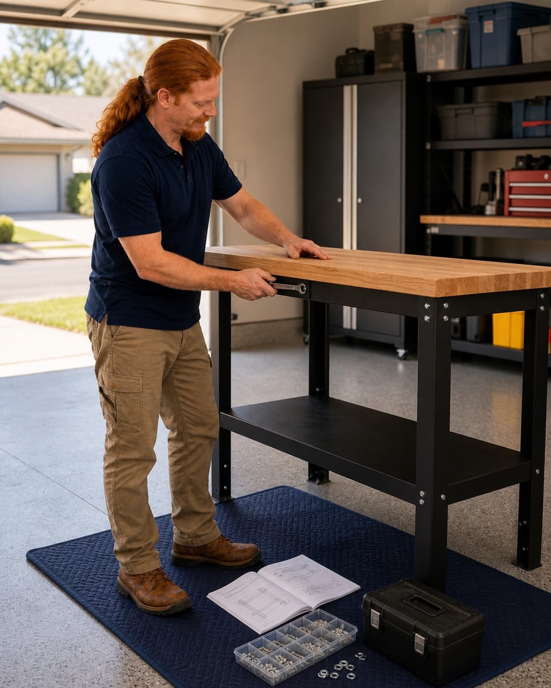 Illustrative image of Rusty assembling a freestanding garage workbench