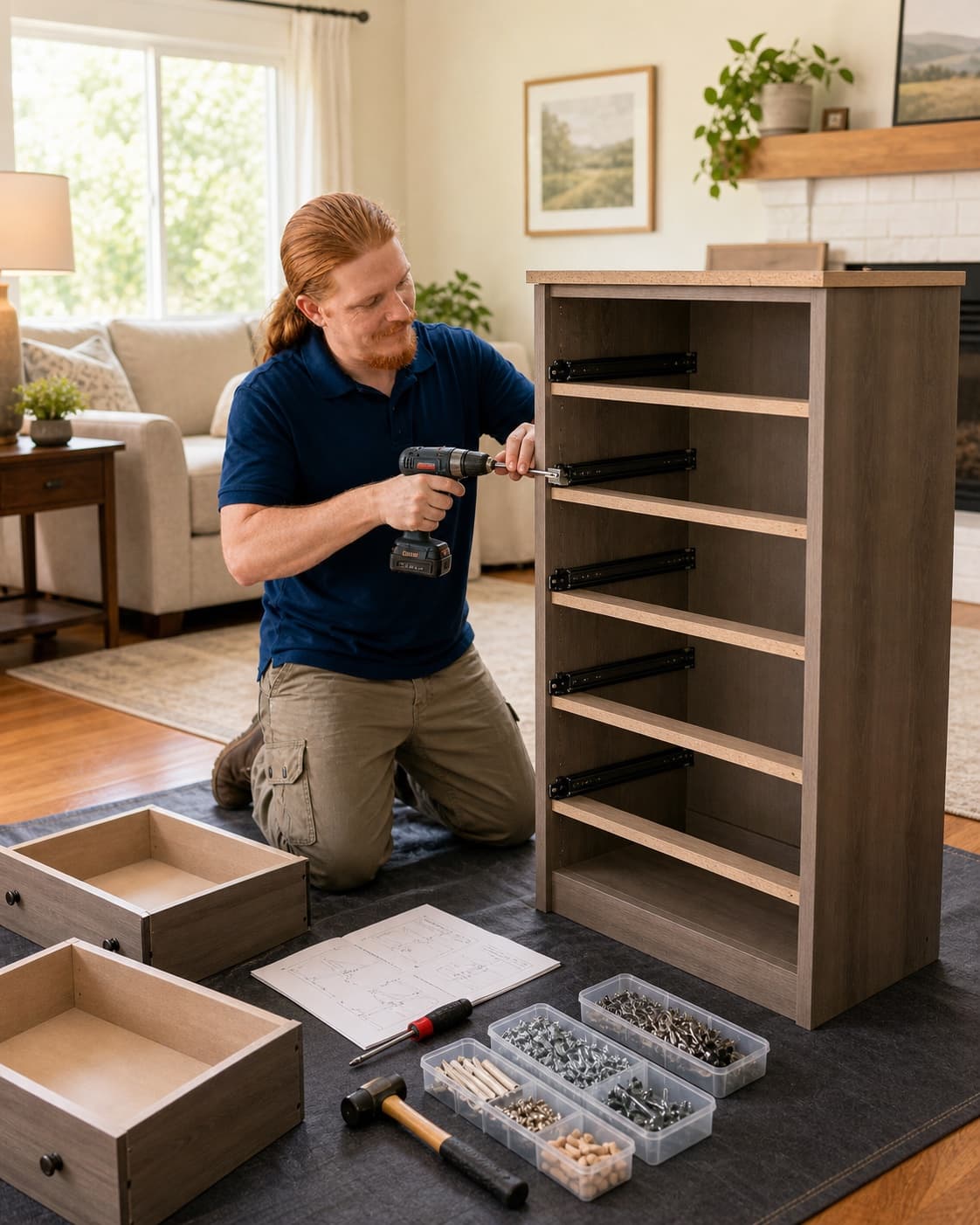 Illustrative image of Rusty assembling a freestanding dresser in a customer's home