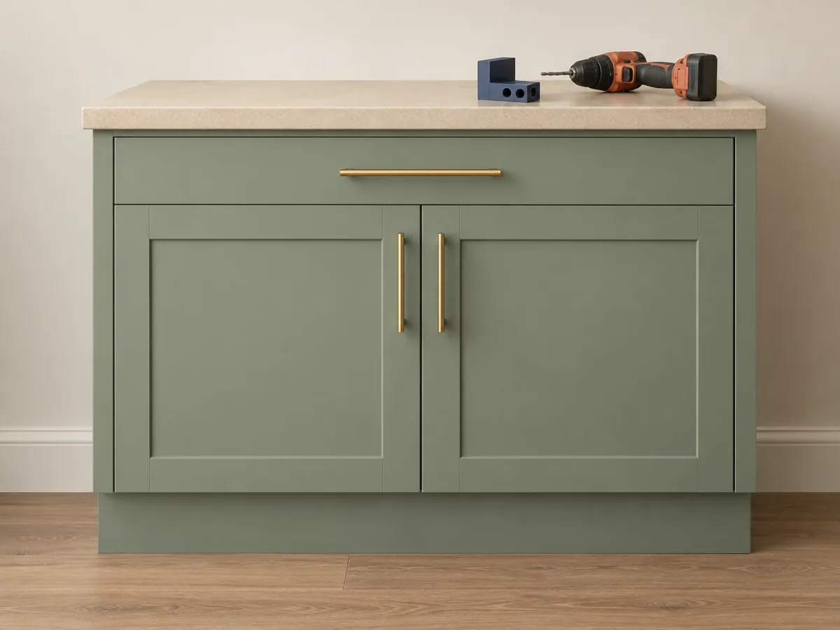 Illustration of a green cabinet with new brass handles, a drill, and a drilling jig on the counter.