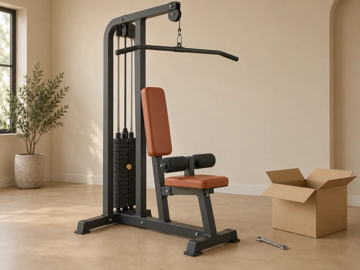 Illustration of an assembled home gym machine next to an open box and a wrench.