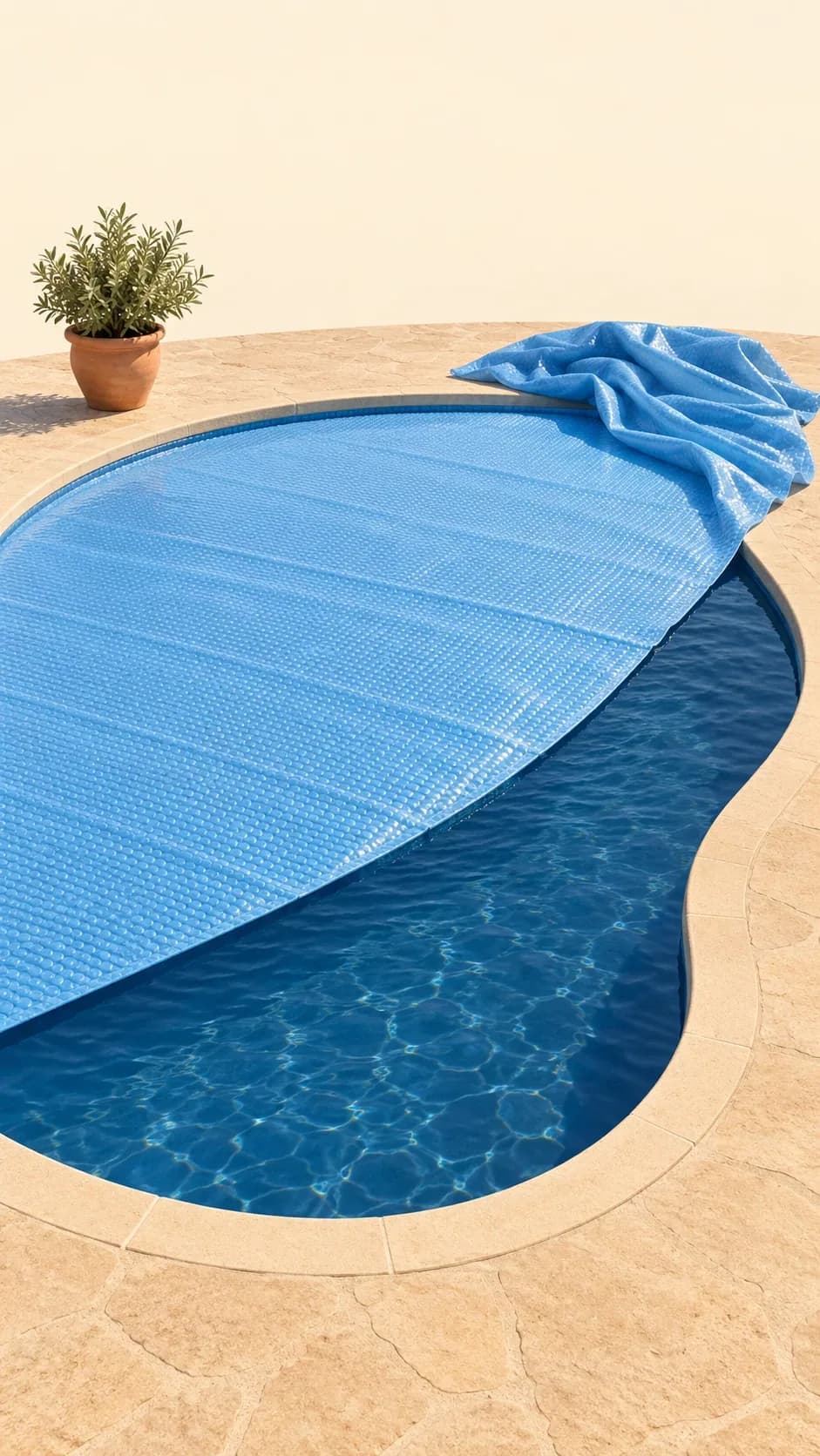 Illustration of a backyard pool partly covered with a blue sun cover.