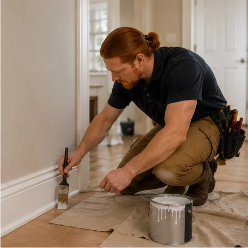 Rusty painting baseboard trim with a brush