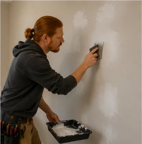 Rusty smoothing drywall compound on a patched wall