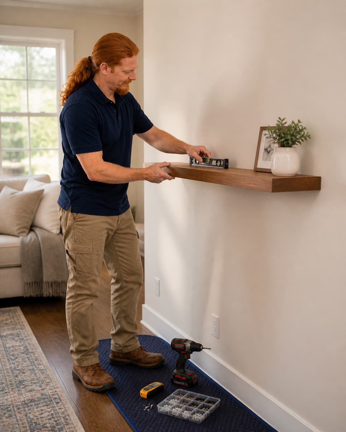 Illustrative image of Rusty carefully leveling a wall-mounted shelf