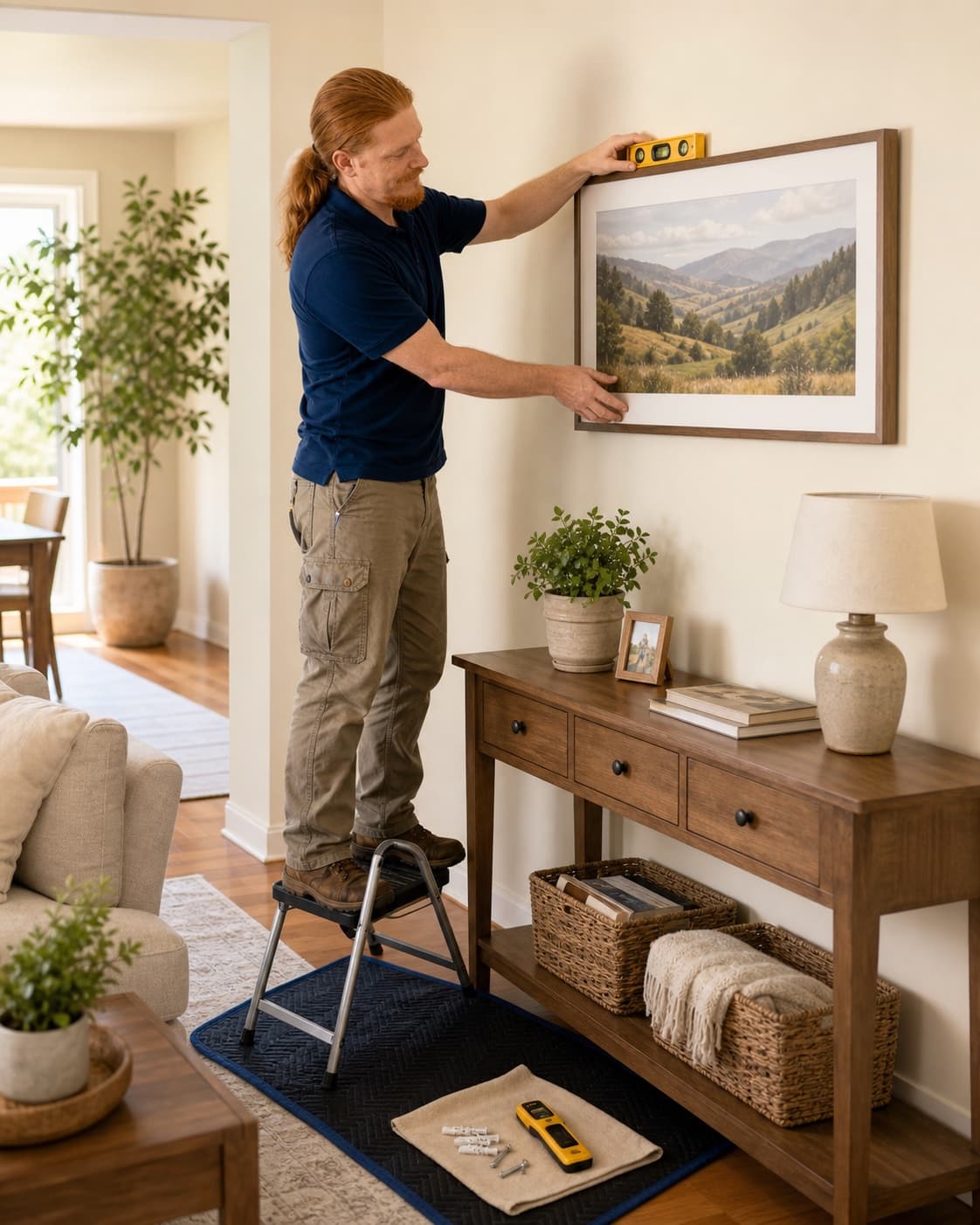 Illustrative image of Rusty leveling framed artwork during a wall-mounting project