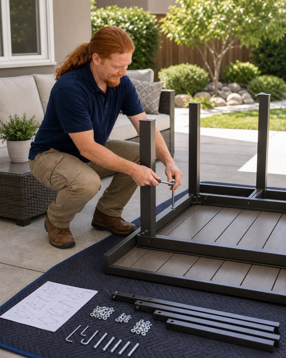 Illustrative image of Rusty assembling a freestanding patio furniture set