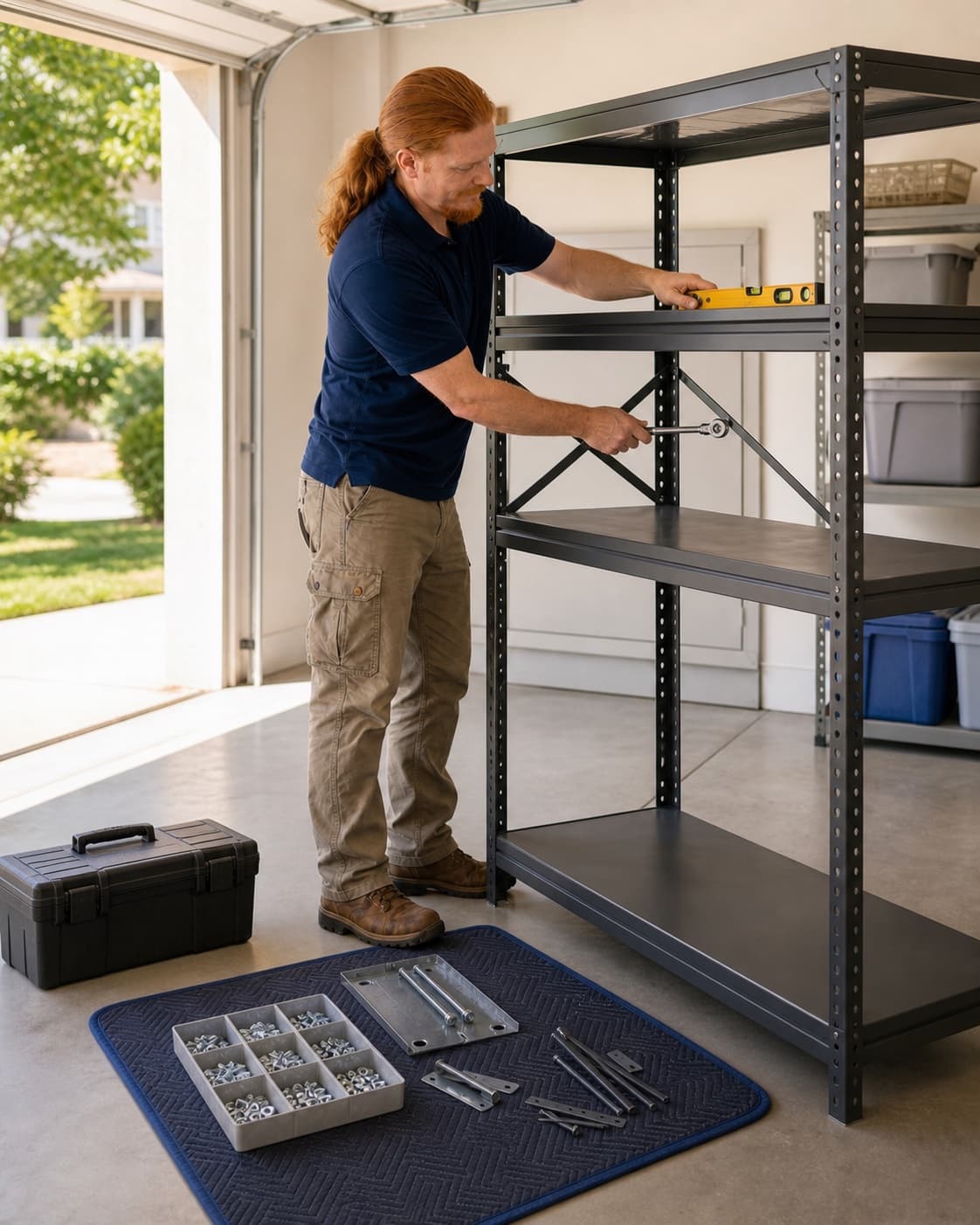 Illustrative image of Rusty assembling a freestanding garage storage rack