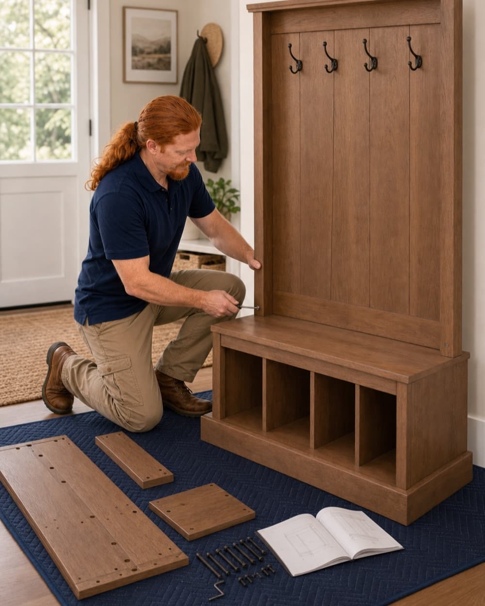 Illustrative image of Rusty assembling a freestanding mudroom storage cabinet