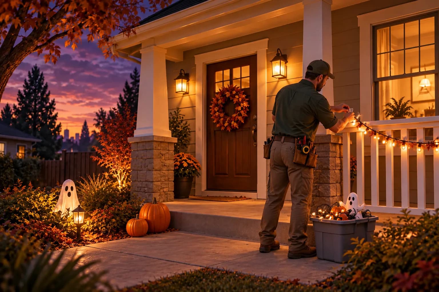 Illustration of a handyman attaching the homeowner’s string lights to a porch railing, with a decoration storage bin nearby
