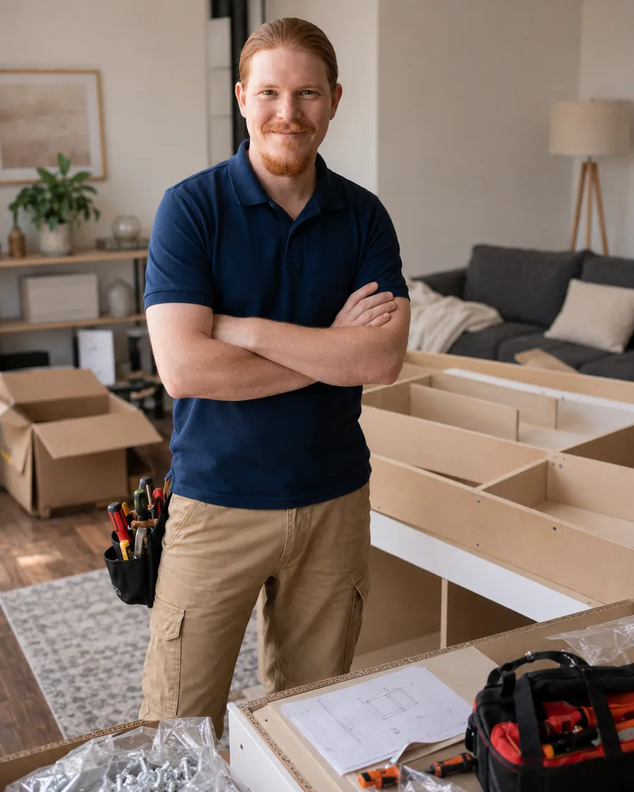 Rusty standing beside a flat-pack furniture project before assembly
