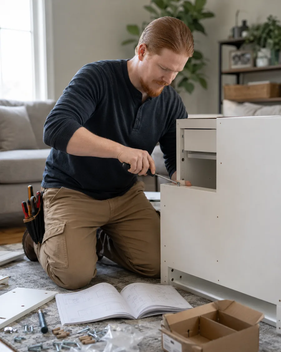 Rusty tightening hardware on a white flat-pack cabinet