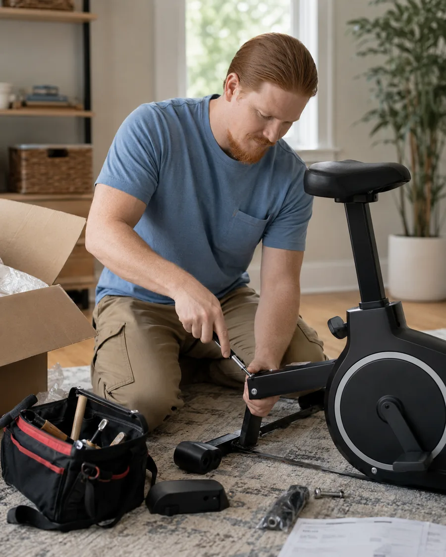 Rusty assembling an exercise bike at home