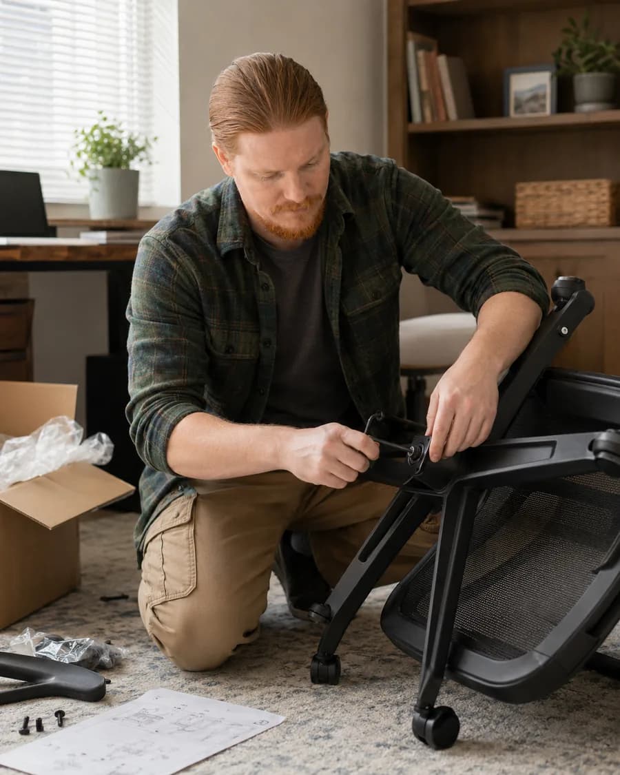 Rusty assembling the base of an office chair