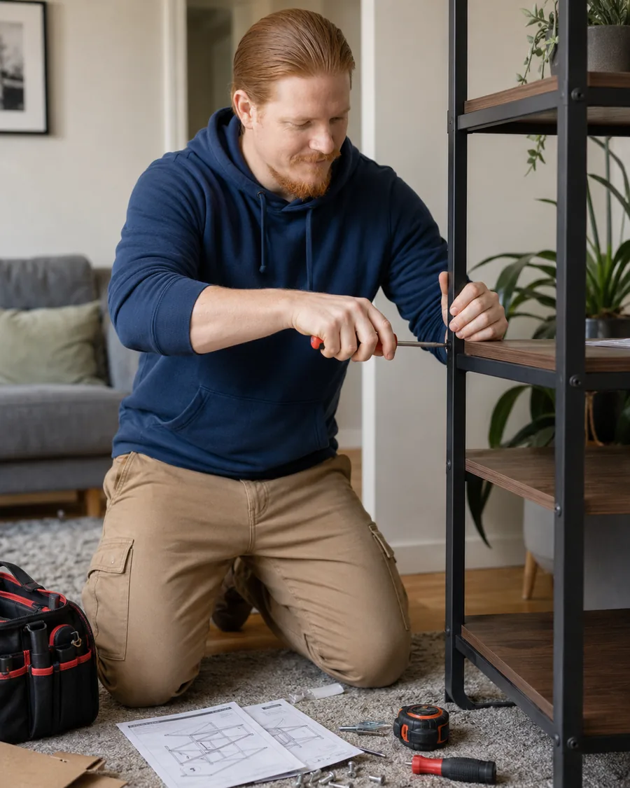 Rusty tightening a shelving unit frame with a screwdriver