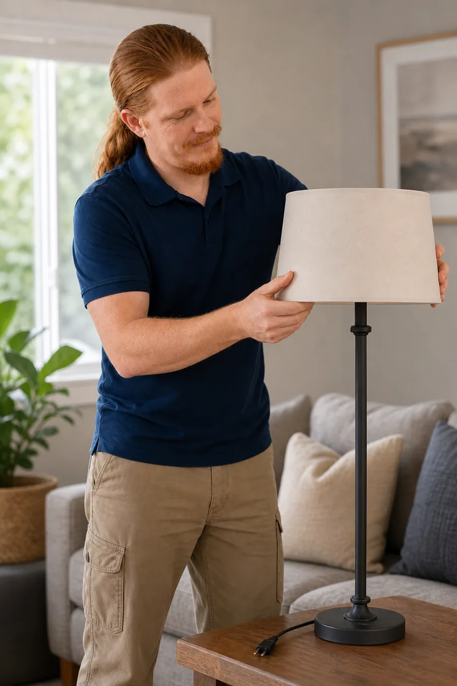 Rusty aligning a fabric shade on a fully assembled unplugged floor lamp