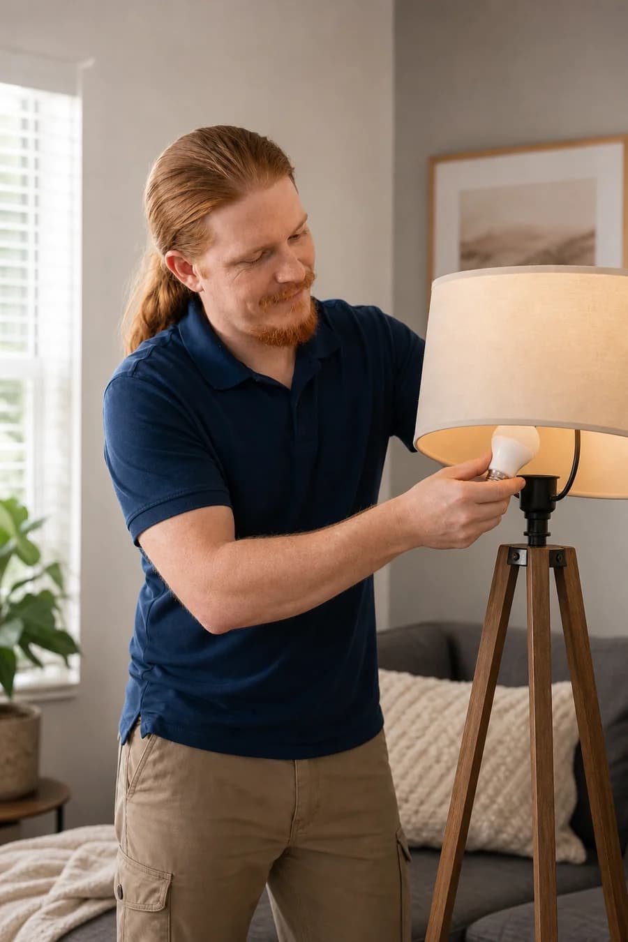 Rusty changing a removable LED light bulb in a fully assembled floor lamp