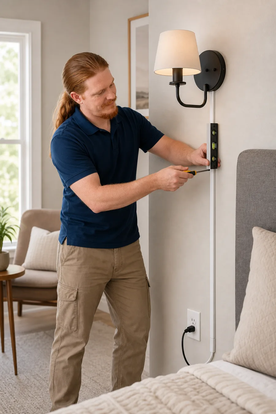 Rusty leveling a factory-made plug-in wall light with its cord in an external cover