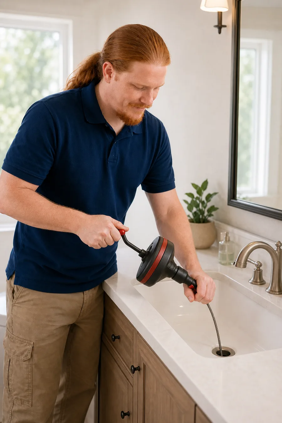 Rusty clearing a bathroom sink with a hand-crank drain auger while the plumbing remains assembled