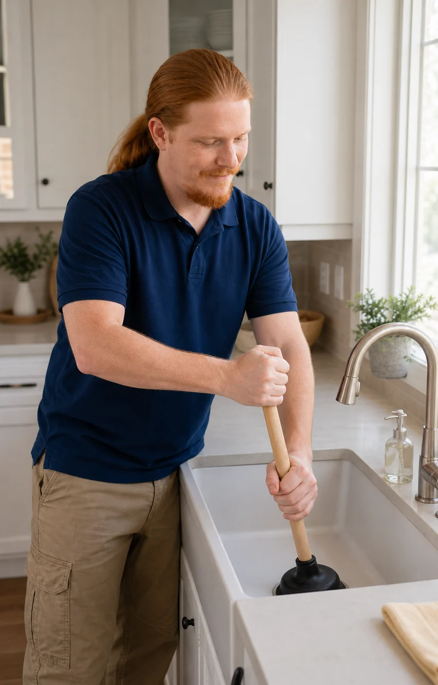 Rusty clearing a kitchen sink with a hand plunger while the plumbing stays assembled
