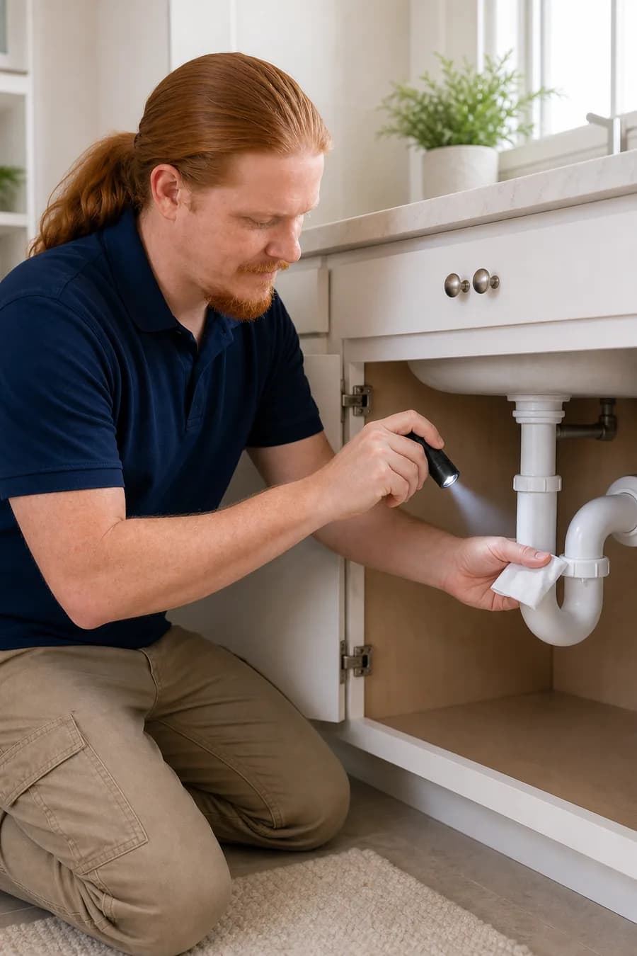 Rusty checking an assembled under-sink drain connection with a flashlight and dry cloth