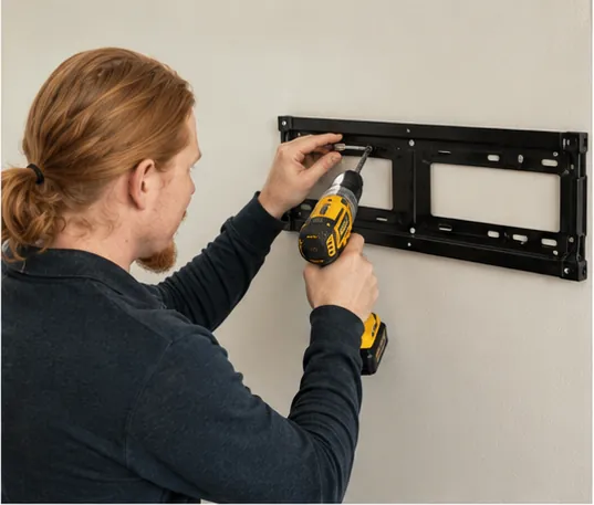 Rusty fastening a TV wall bracket with a drill