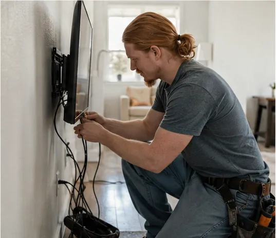Rusty organizing cables behind a mounted TV