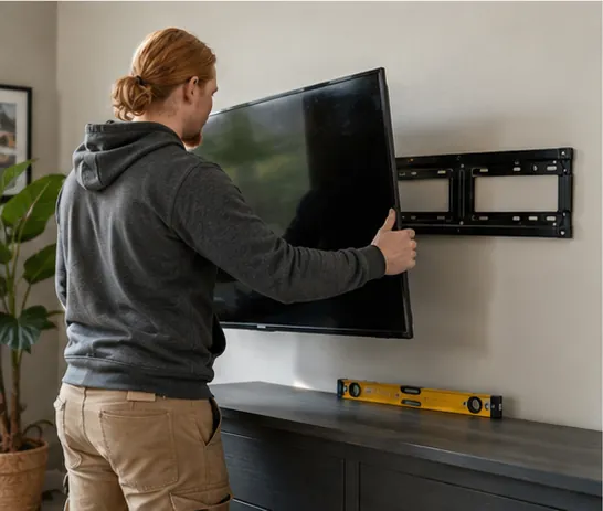 Rusty lifting a TV onto a wall bracket