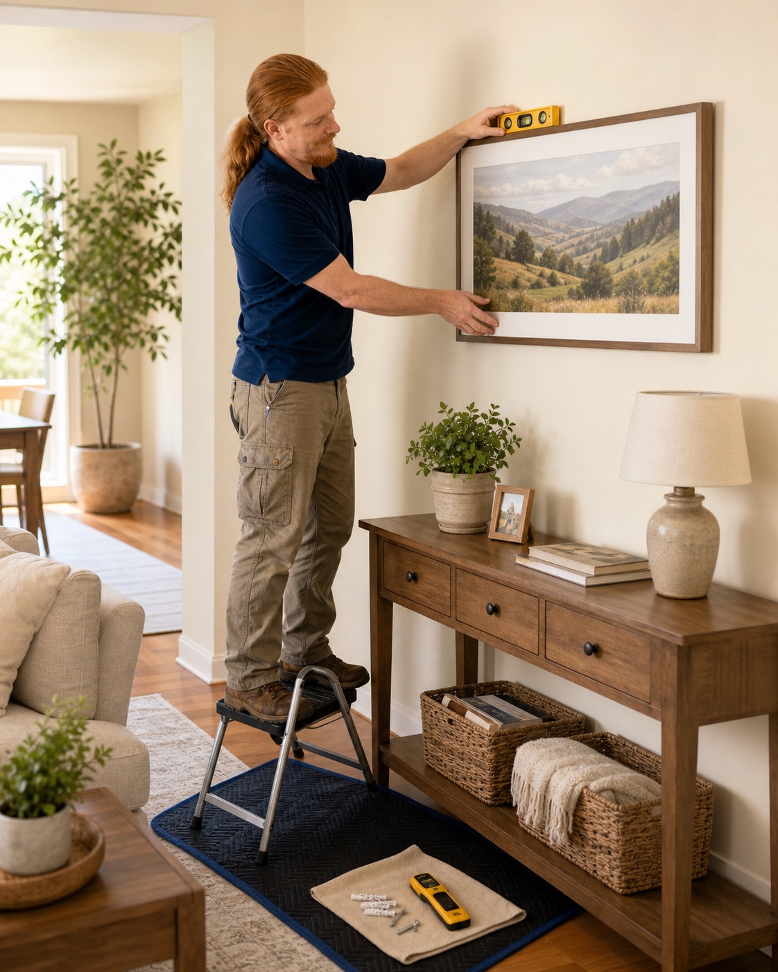 Illustrative image of Rusty leveling framed artwork during a wall-mounting project