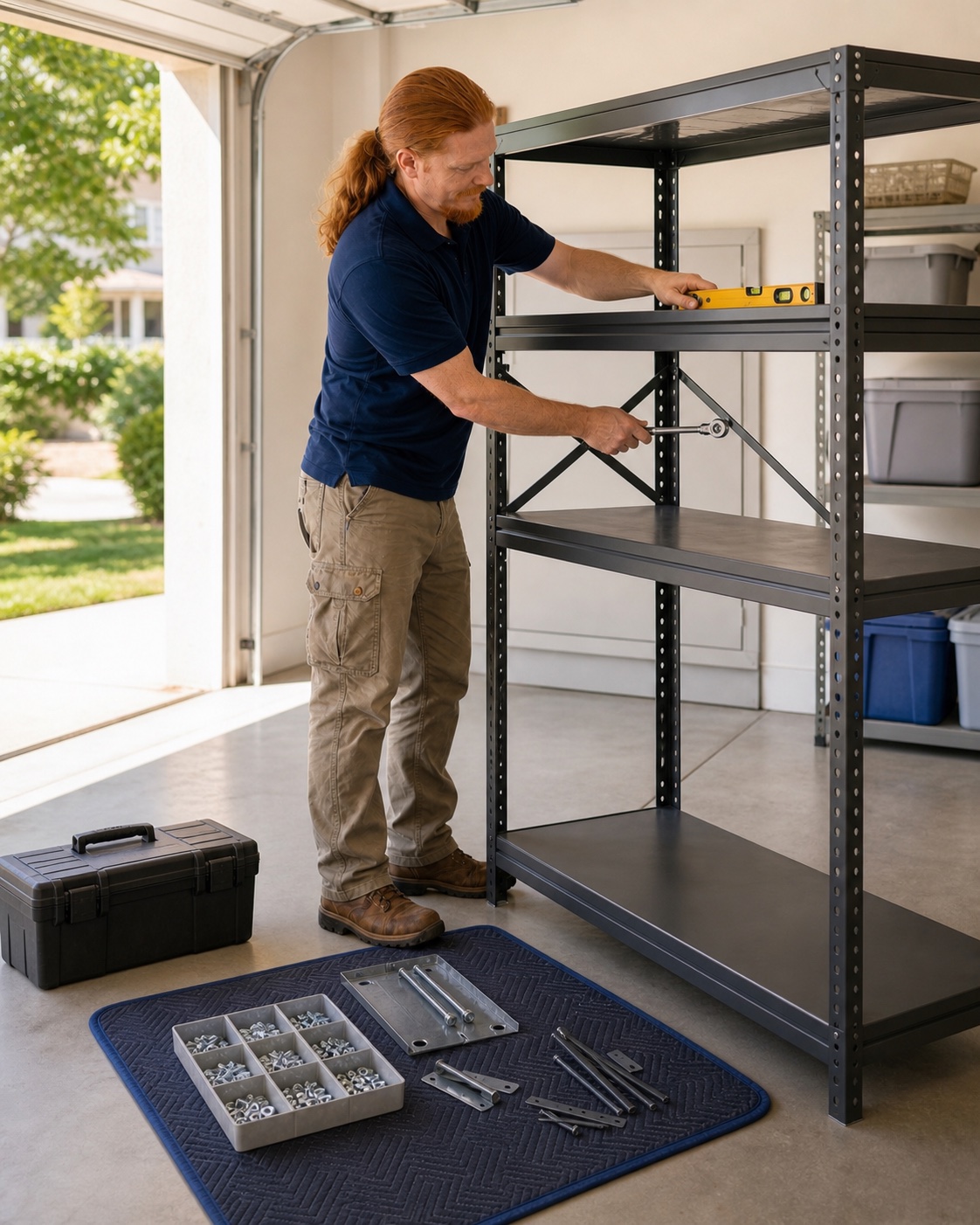 Illustrative image of Rusty assembling a freestanding garage storage rack